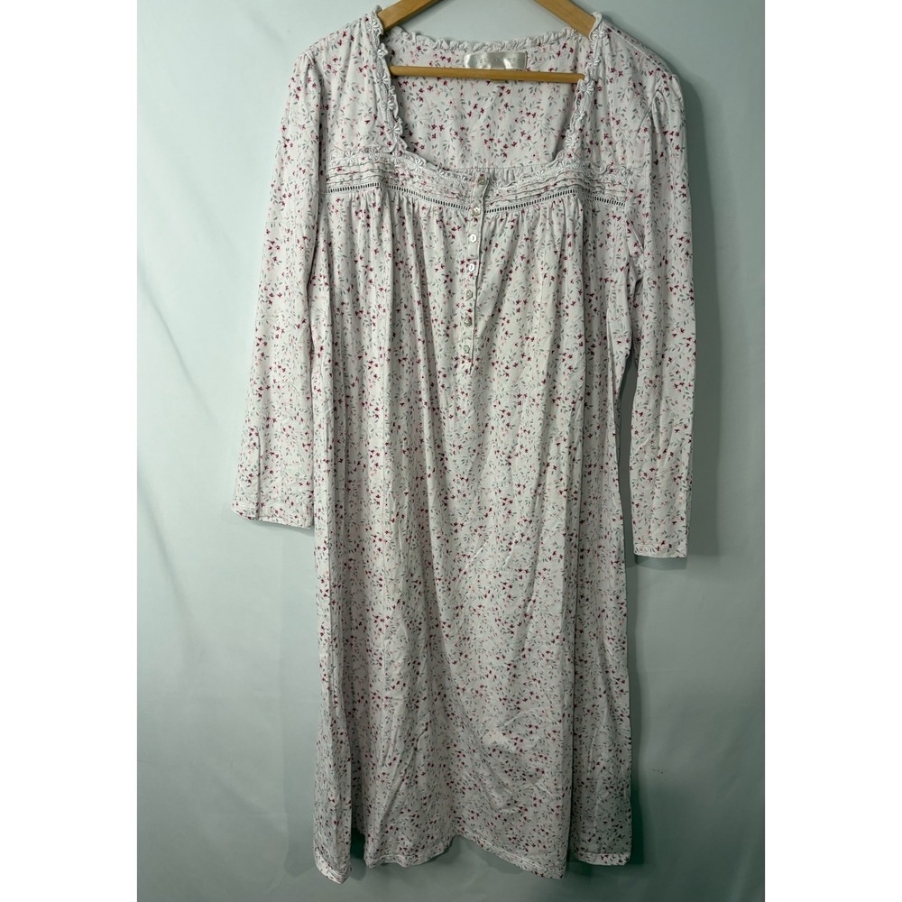 Eileen West Floral Cotton Nightgown XL White Lace Long Sleeve Cottage Prairie